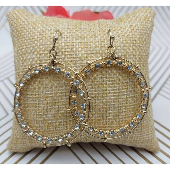 Lot of 2 Gold Tone Dangle Drop Earrings Art Deco Semi Circles and Crystal Hoops - Picture 3 of 10